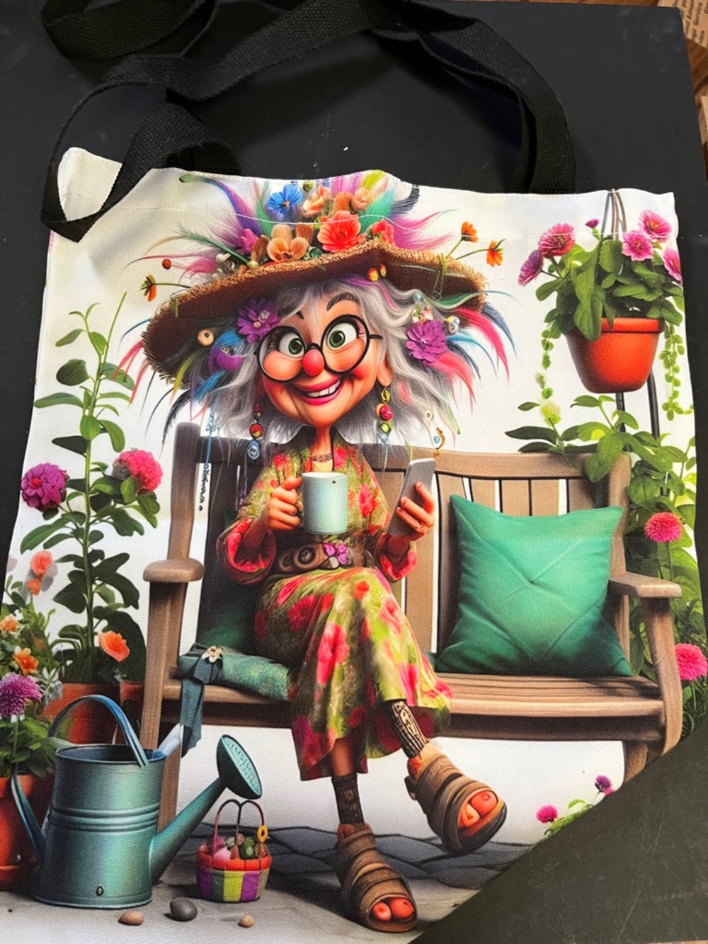 Colorful Garden Lady Tote Bag with Whimsical Illustration